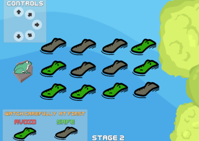 A screenshot of a video game, containing the player frog and fifteen alligators and logs the frog must traverse.